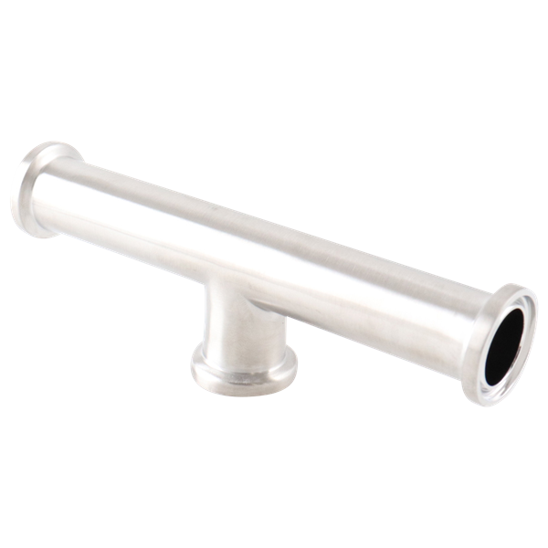Short outlet tee with dimensions 0.5-inch tri-clamp, made from 316L stainless steel, featuring a 15RA EP internal finish and a 32RA outer finish, SF4 BPE compliant.