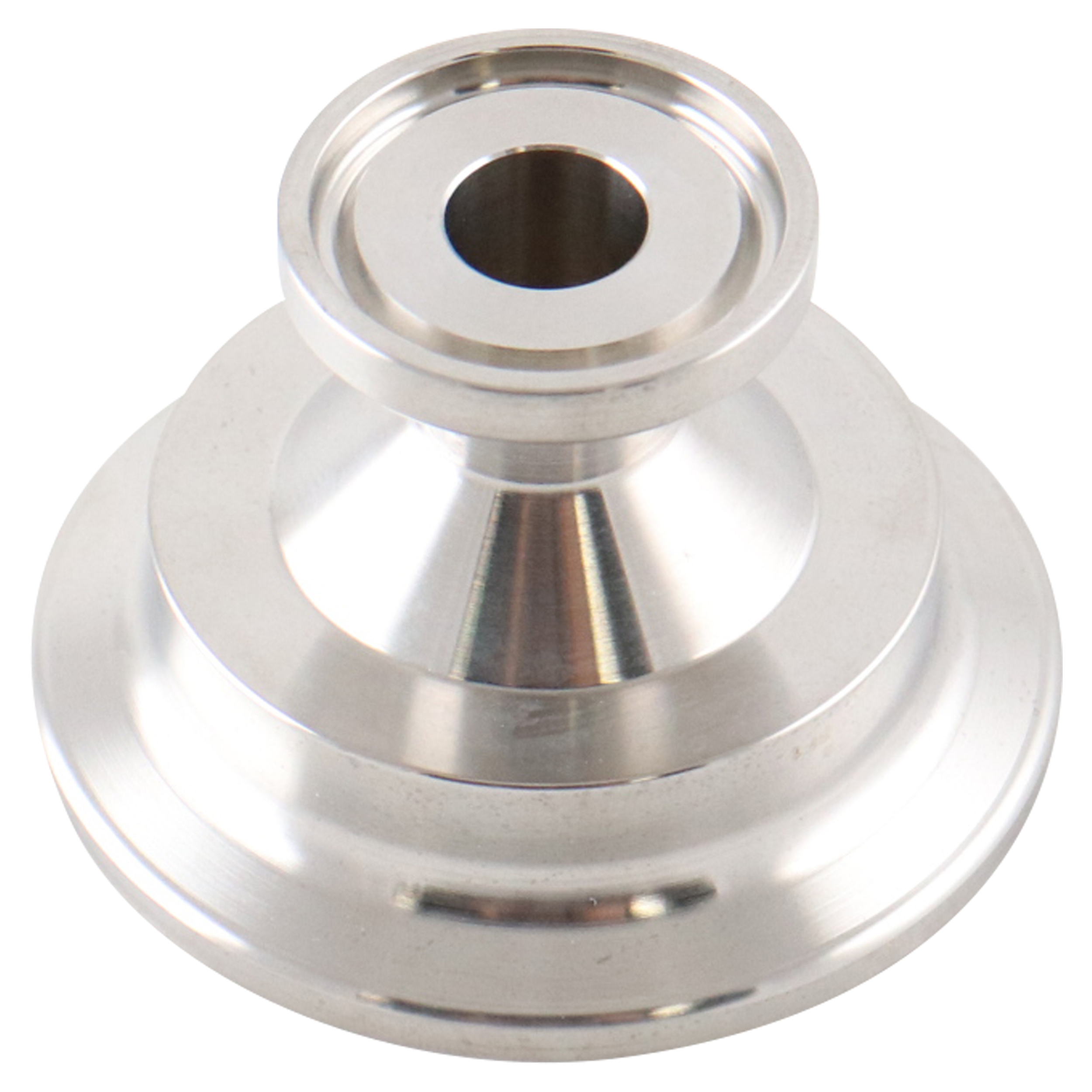 Conical instrument gauge reducer 1.5" x 0.5" tri-clamp, 316L, 1.25" overall length, 20Ra inner diameter, 32Ra outer diameter