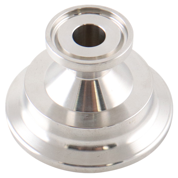 Conical instrument gauge reducer 1.5" x 0.5" tri-clamp, 316L, 1.25" overall length, 20Ra inner diameter, 32Ra outer diameter