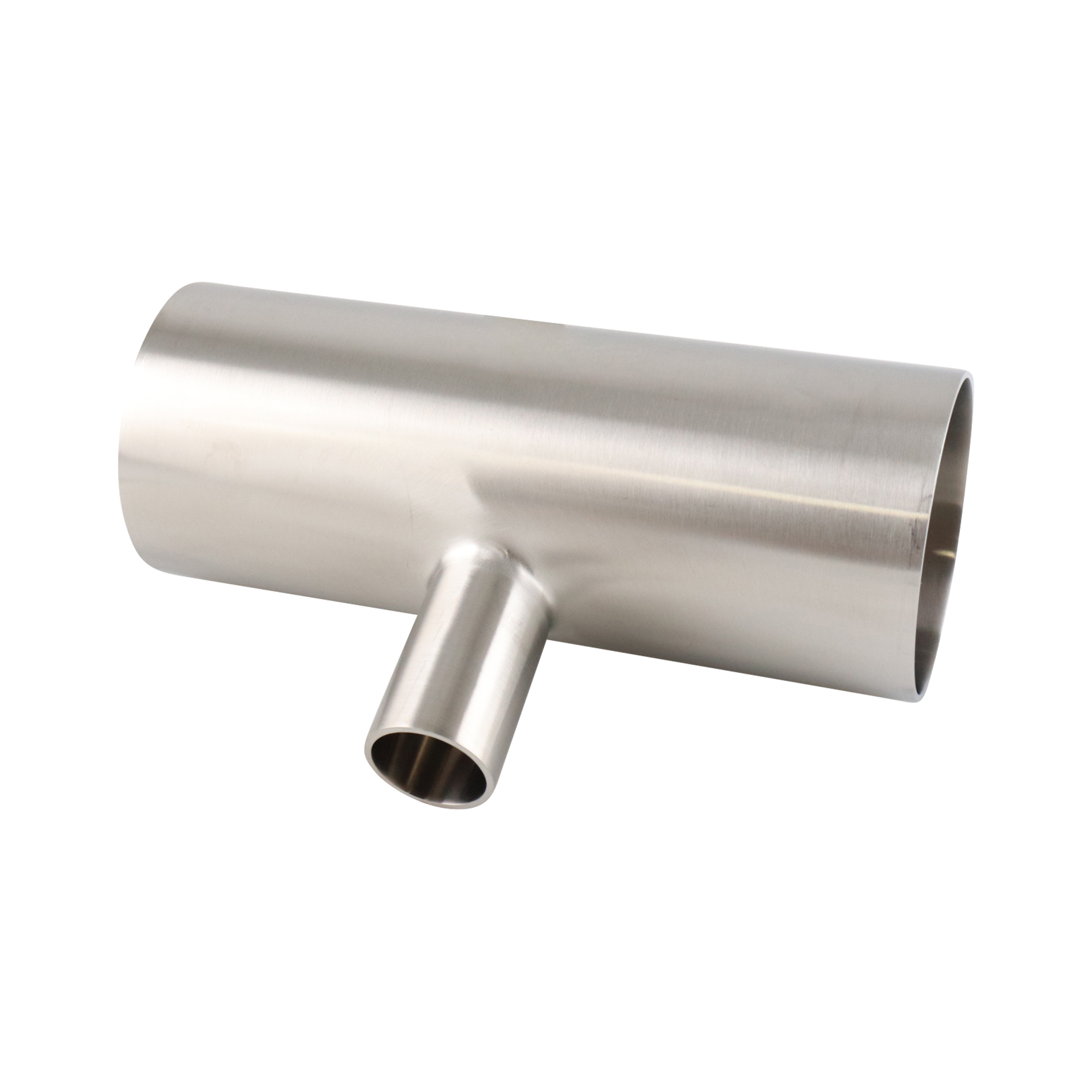 Reducing tee, 2.5-inch to 1-inch butt weld, made from 316L stainless steel, with a 20RA internal finish and 32RA outer finish, SF1 BPE compliant.