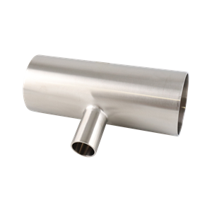 Reducing tee, 2.5-inch to 1-inch butt weld, made from 316L stainless steel, with a 20RA internal finish and 32RA outer finish, SF1 BPE compliant.