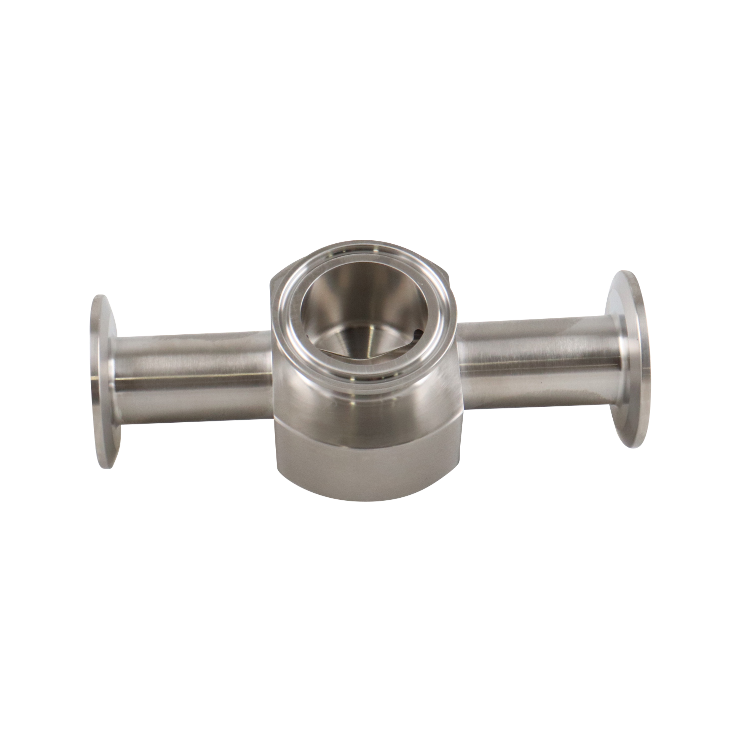 Instrumentation tee with 1-inch by 1.5-inch tri-clamp connections, made from 316L stainless steel, featuring a 20RA internal finish and 32RA outer finish, SF1 BPE compliant.