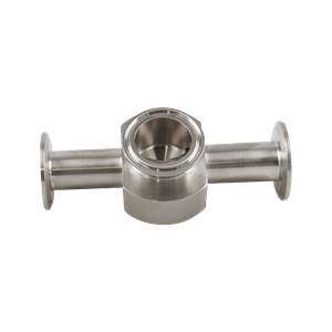 Instrumentation tee with 1-inch by 1.5-inch tri-clamp connections, made from 316L stainless steel, featuring a 20RA internal finish and 32RA outer finish, SF1 BPE compliant.