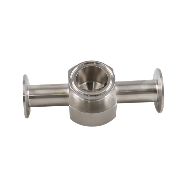 Instrumentation tee with 1-inch by 1.5-inch tri-clamp connections, made from 316L stainless steel, featuring a 20RA internal finish and 32RA outer finish, SF1 BPE compliant.