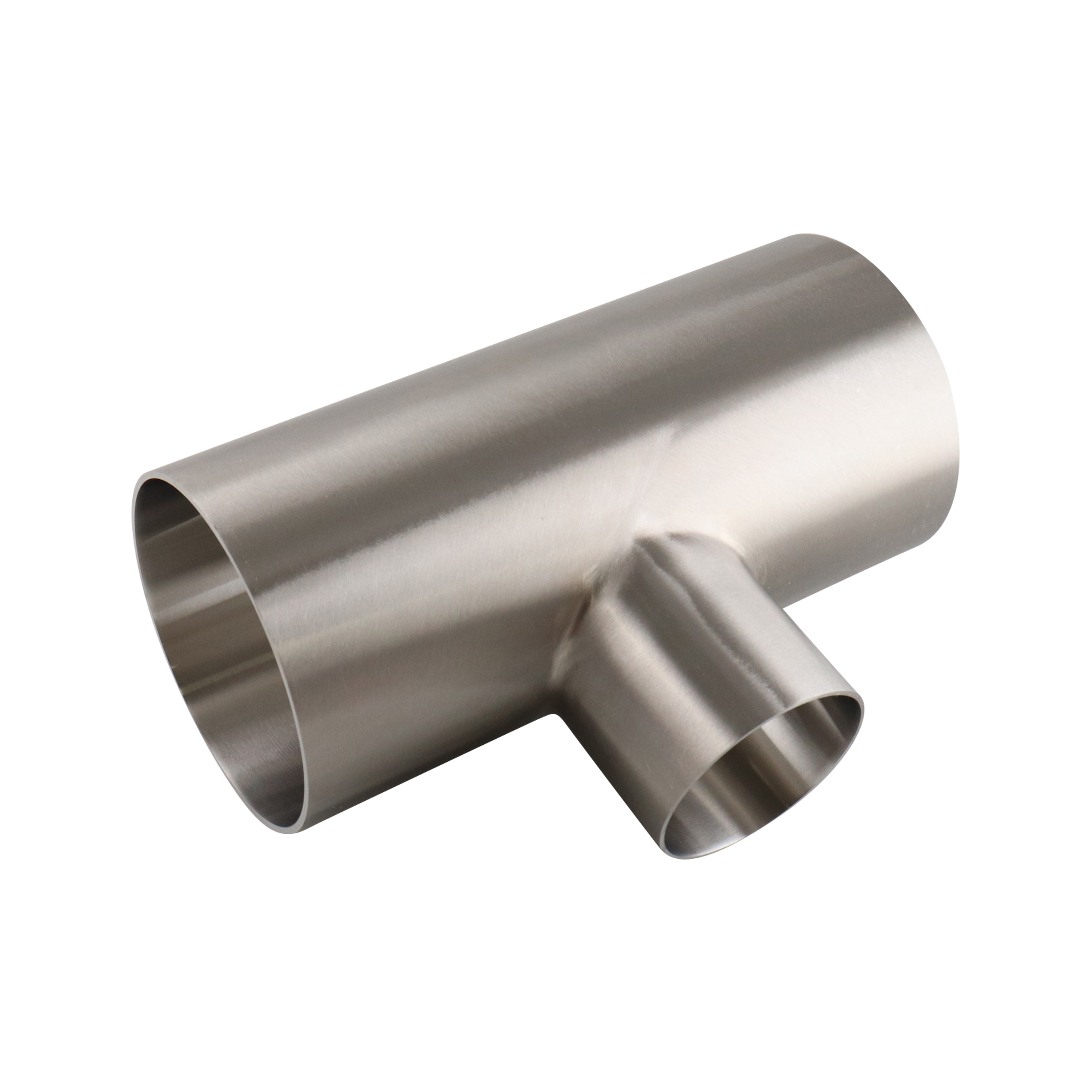 Reducing tee, 4-inch to 2.5-inch butt weld, 316L stainless steel, 20RA inner diameter, 32RA outer diameter, SF1 BPE compliant.