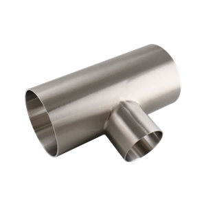 Reducing tee, 4-inch to 2.5-inch butt weld, 316L stainless steel, 20RA inner diameter, 32RA outer diameter, SF1 BPE compliant.