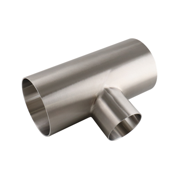 Reducing tee, 4-inch to 2.5-inch butt weld, 316L stainless steel, 20RA inner diameter, 32RA outer diameter, SF1 BPE compliant.