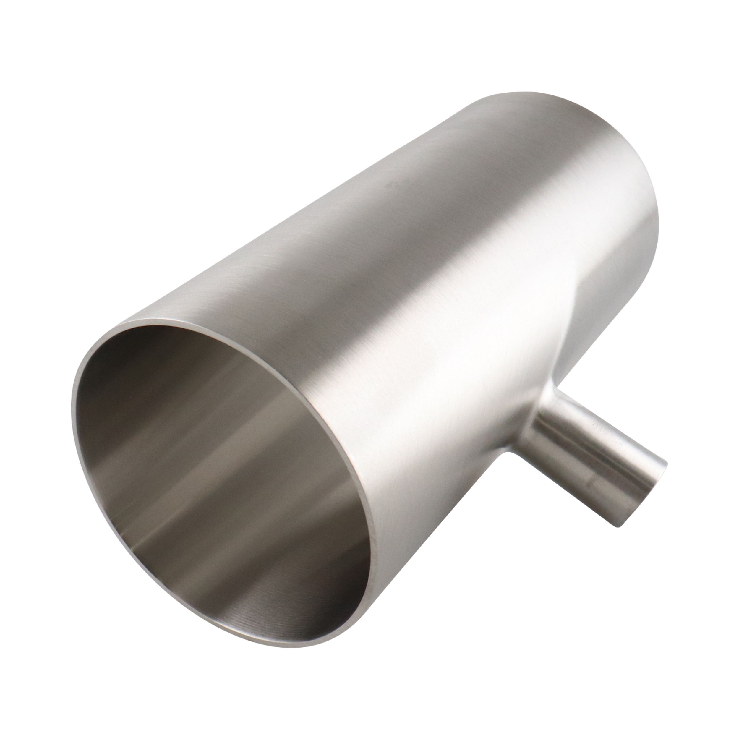 Reducing tee with 4-inch by 1.5-inch butt weld connections, made from 316L stainless steel, with a 20RA internal and 32RA outer surface finish, SF1 BPE compliant.

