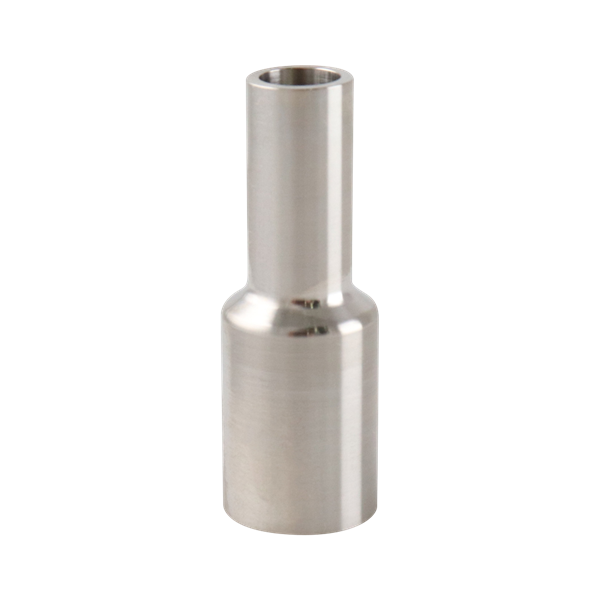 Concentric Reducer, 0.75-inch x 0.5-inch, Tri-Clamp to Butt Weld connection, made of 316L stainless steel, 2.625 inches long, 20RA internal surface finish, 32RA external finish, SF1 BPE compliant.