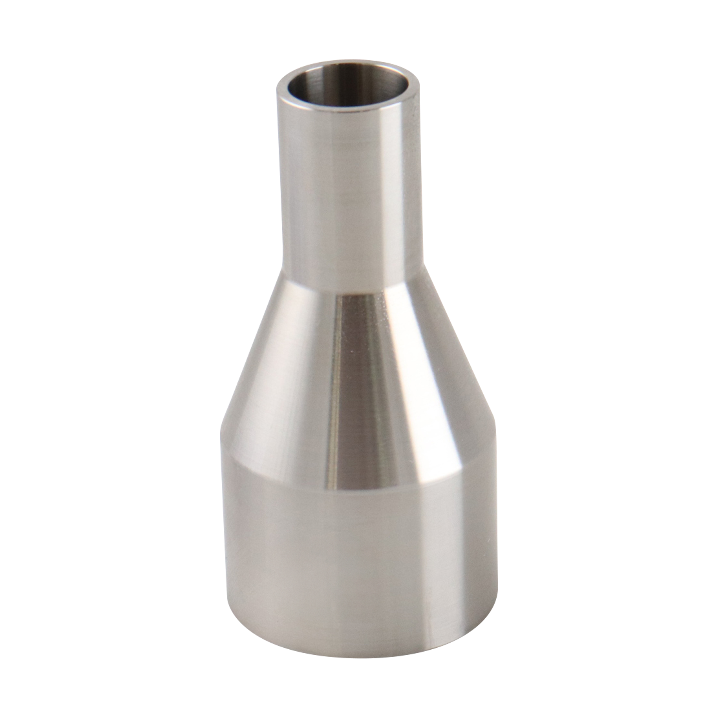 concentric reducer, 1.5-inch x 0.75-inch butt-weld, made from 316L stainless steel, with 3-inch overall length, 20RA interior, and 32RA exterior surface finish, SF1 BPE compliant