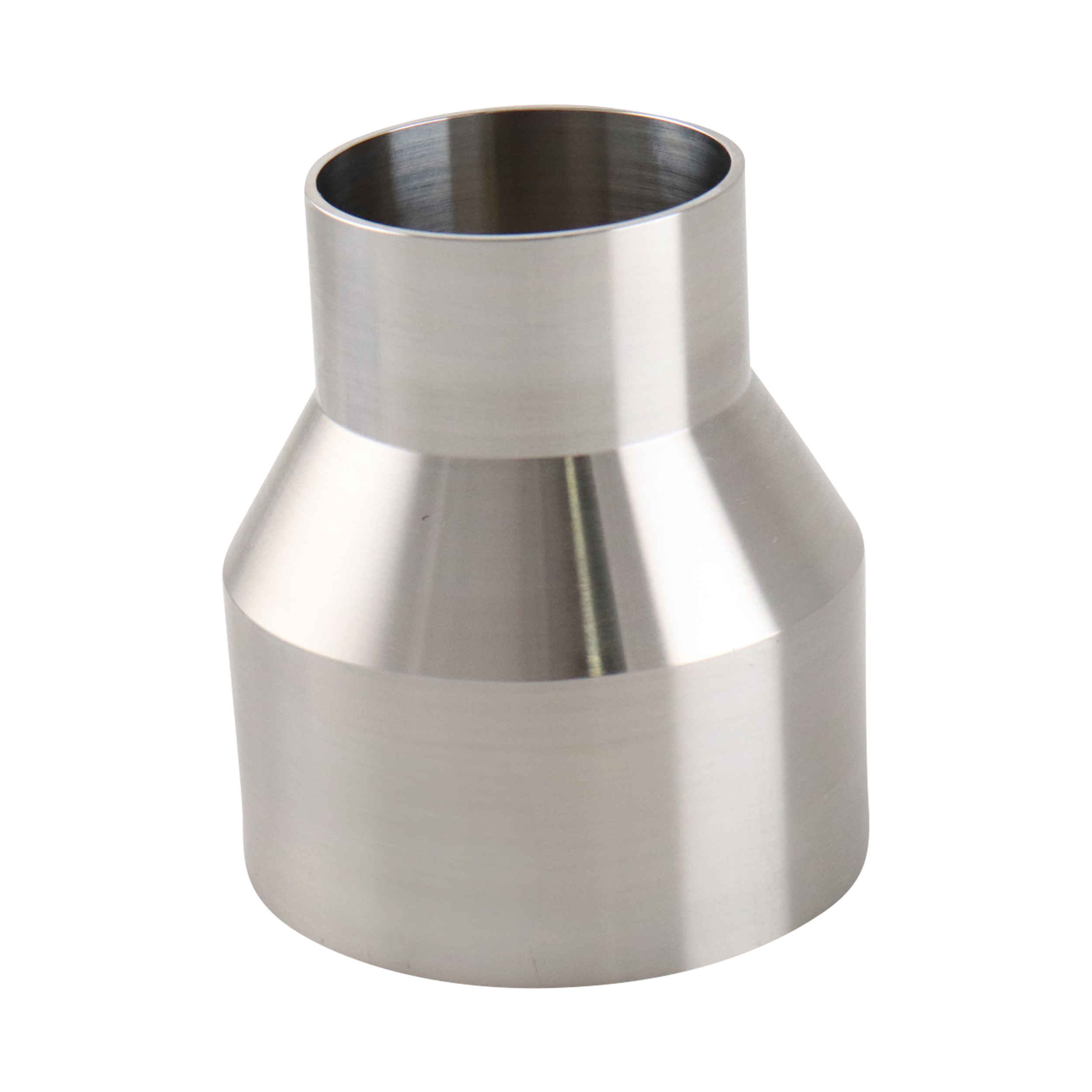 concentric reducer, 3-inch x 2-inch butt-weld, made from 316L stainless steel, with 3.375-inch overall length, 20RA interior, and 32RA exterior surface finish, SF1 BPE compliant