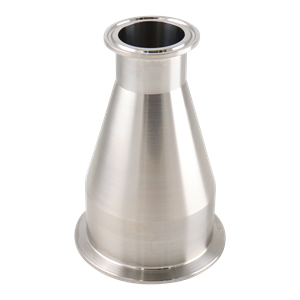 Concentric reducer with dimensions 3 inches x 1.5 inches, tri-clamp connection, made from 316L stainless steel, with a 5.25-inch overall length, 20RA internal finish, 32RA outer finish, and SF1 BPE compliant.