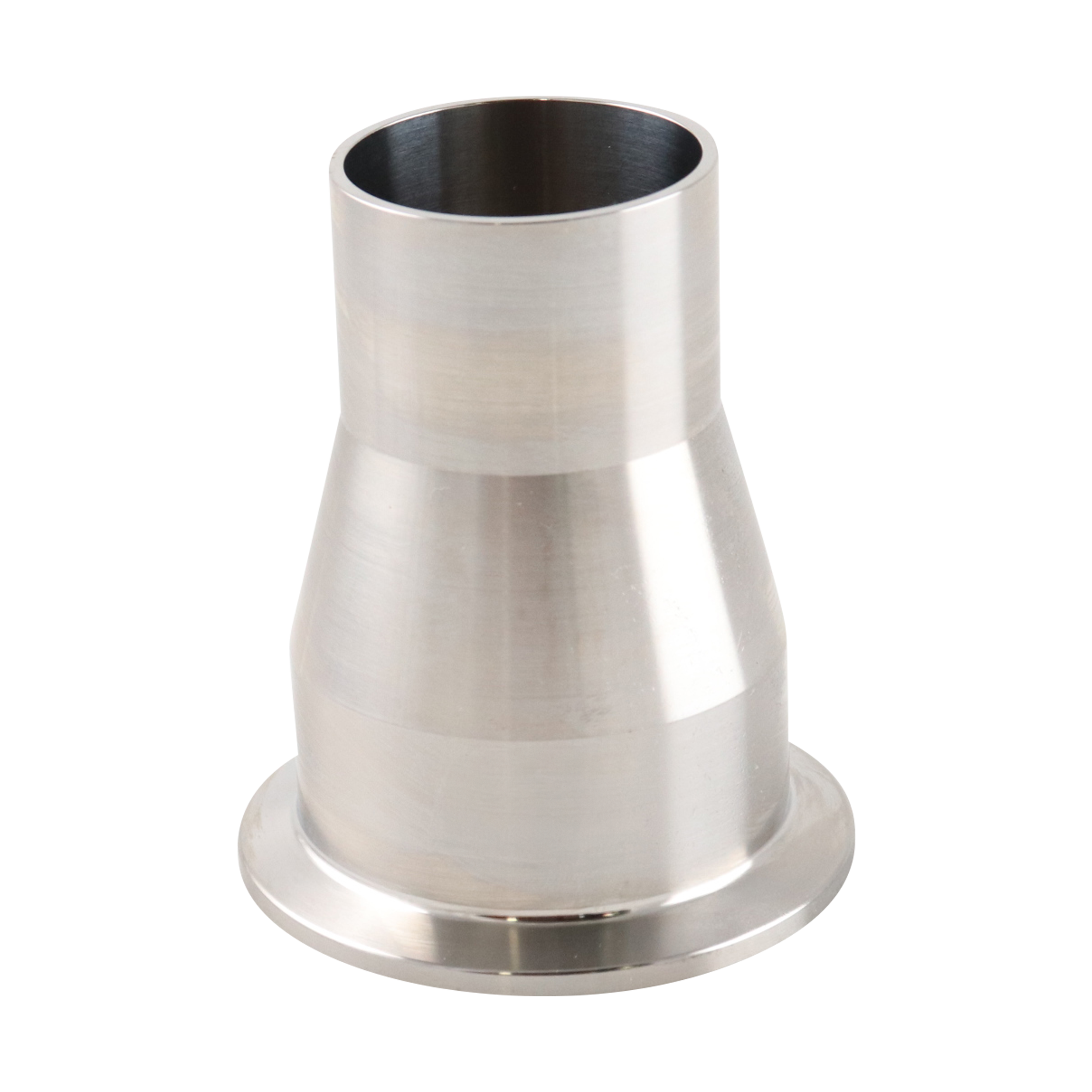 concentric reducer, 2-inch x 1.5-inch Tri-Clamp to butt-weld, made from 316L stainless steel, with 3-inch overall length, 20RA interior and 32RA exterior surface finish, SF1 BPE compliant
