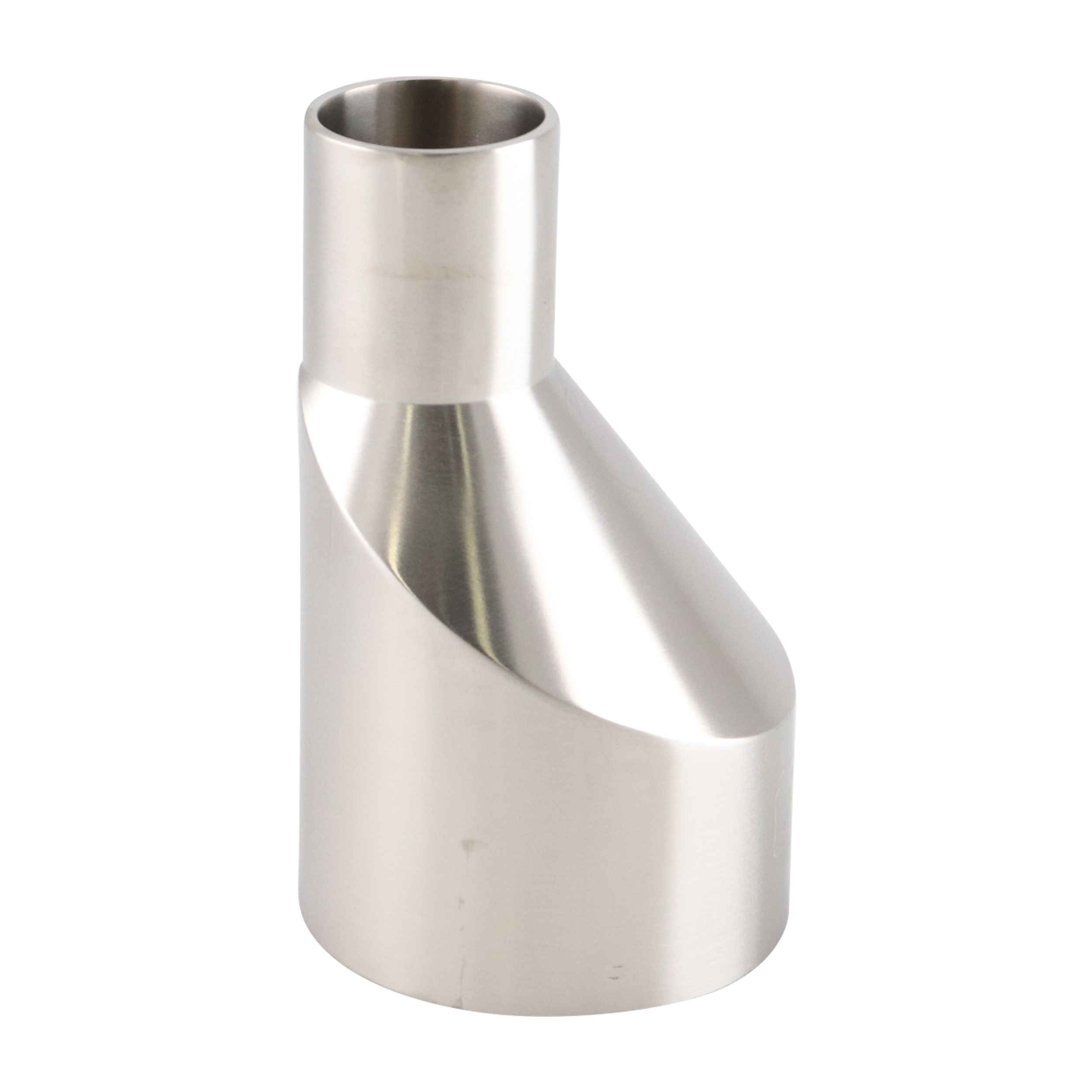 eccentric reducer, 2-inch x 1-inch butt-weld, made from 316L stainless steel, with 3.375-inch overall length, 20RA interior, and 32RA exterior surface finish, SF1 BPE compliant