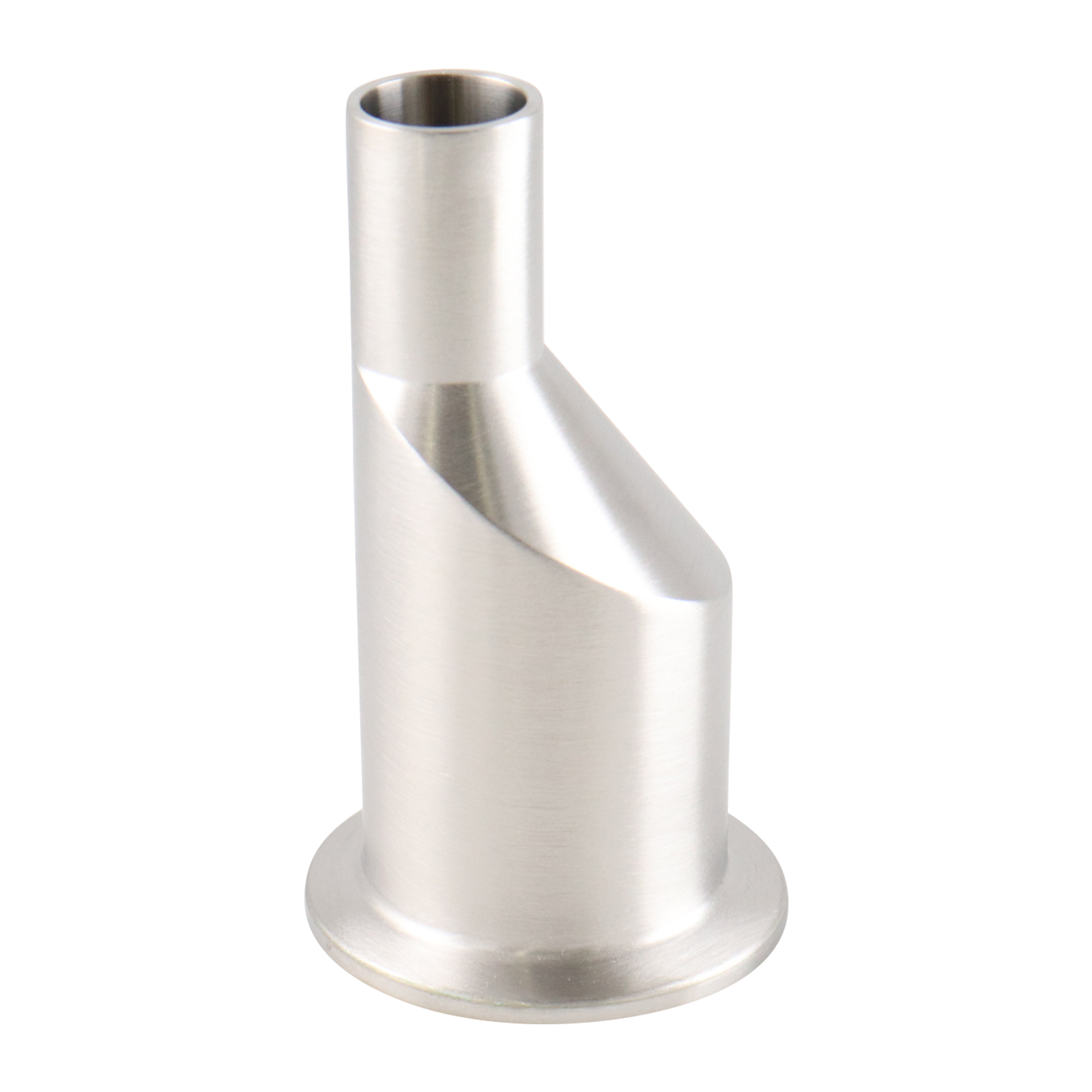 Eccentric reducer with 1.5-inch by 0.75-inch tri-clamp to butt-weld connections, 3.5 inches overall length, 20RA internal finish, 32RA external finish, compliant with SF1 BPE standards.
