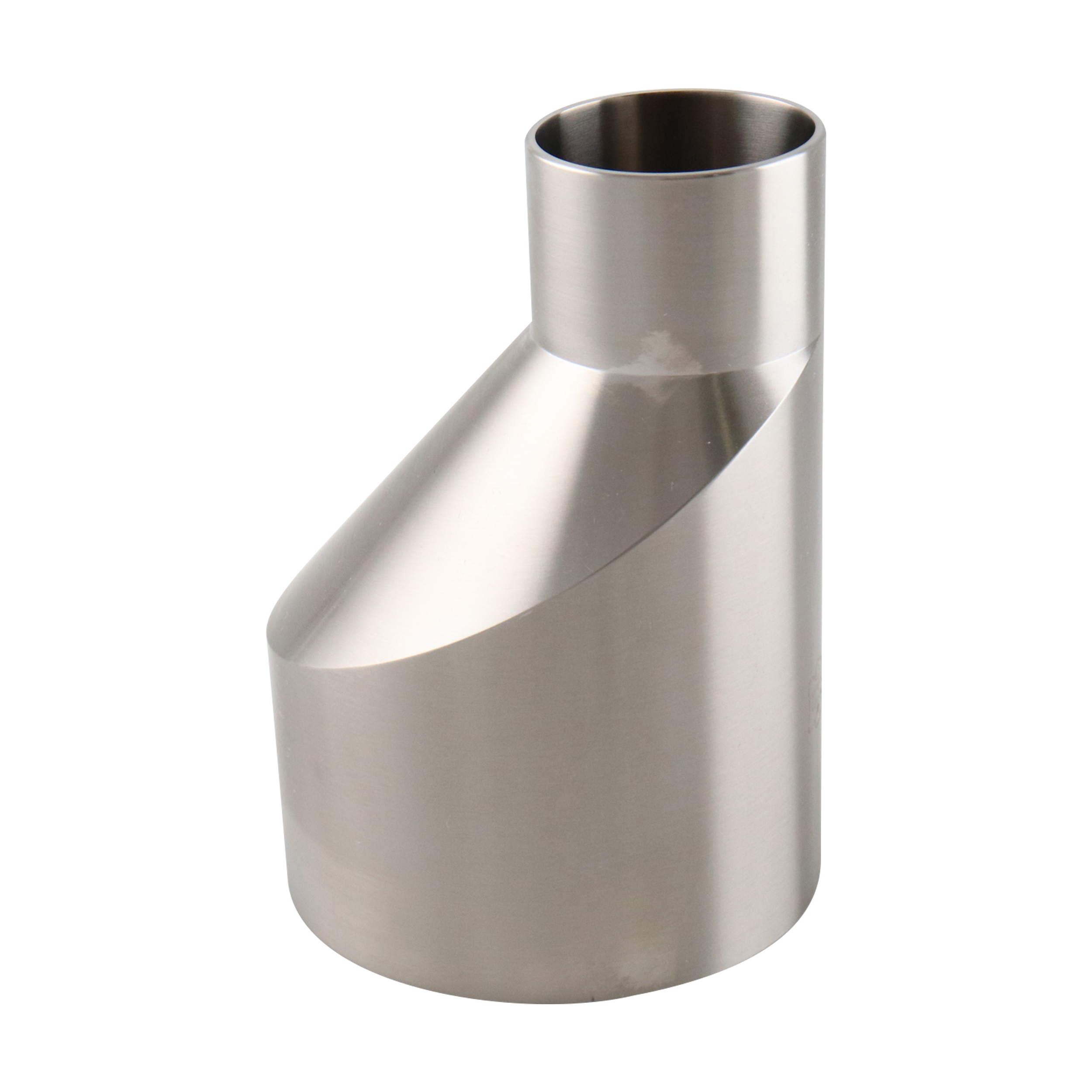 eccentric reducer, 3-inch x 1.5-inch butt-weld, made from 316L stainless steel, with 4.25-inch overall length, 20RA interior and 32RA exterior surface finish, SF1 BPE compliant
