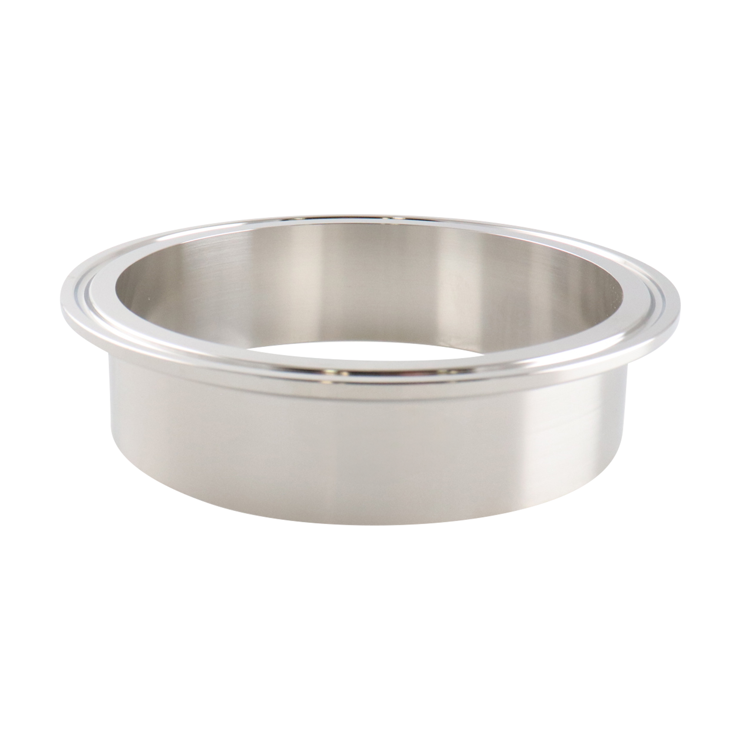 4-inch Tri-Clamp ferrule, made from 304 stainless steel, with 1.125-inch overall length and 32RA interior and exterior surface finish
