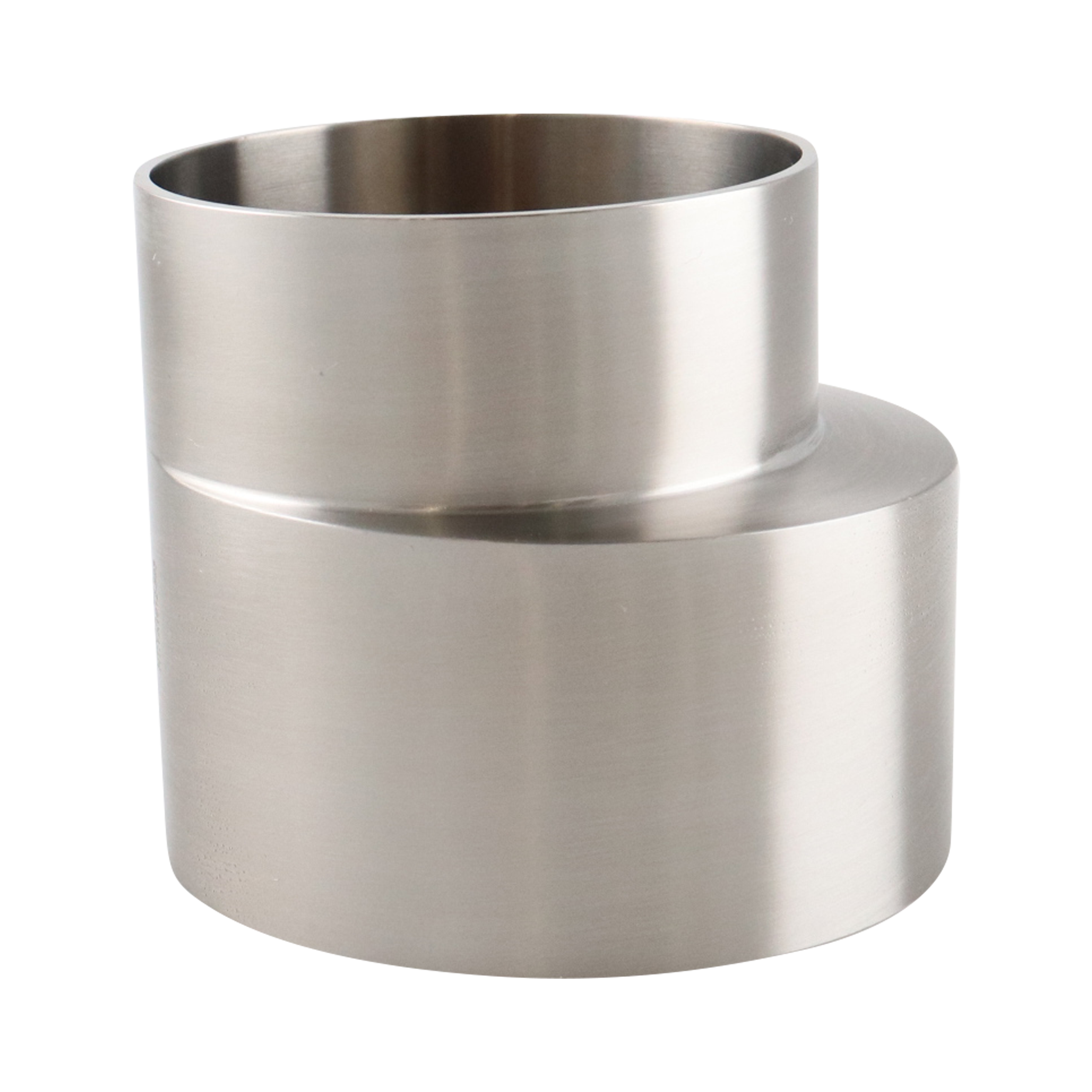 Eccentric Reducer, 3-inch to 2.5-inch butt weld connection, made of 316L stainless steel, with a 2.625-inch overall length, 20RA inner diameter, and 32RA outer diameter, compliant with SF1 BPE standards.
