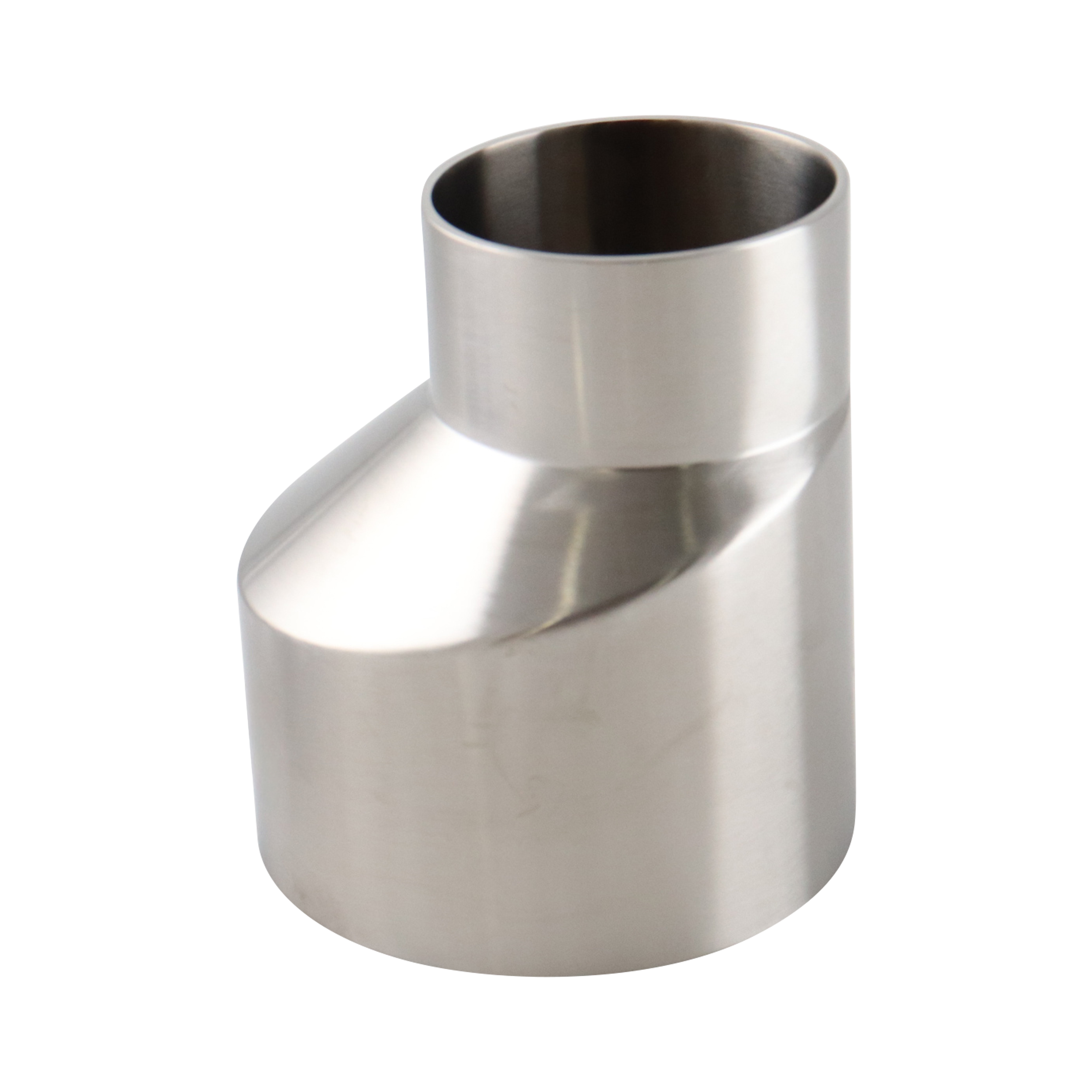 eccentric reducer, 3-inch x 2-inch butt-weld, made from 316L stainless steel, with 3.375-inch overall length, 20RA interior, and 32RA exterior surface finish, SF1 BPE compliant