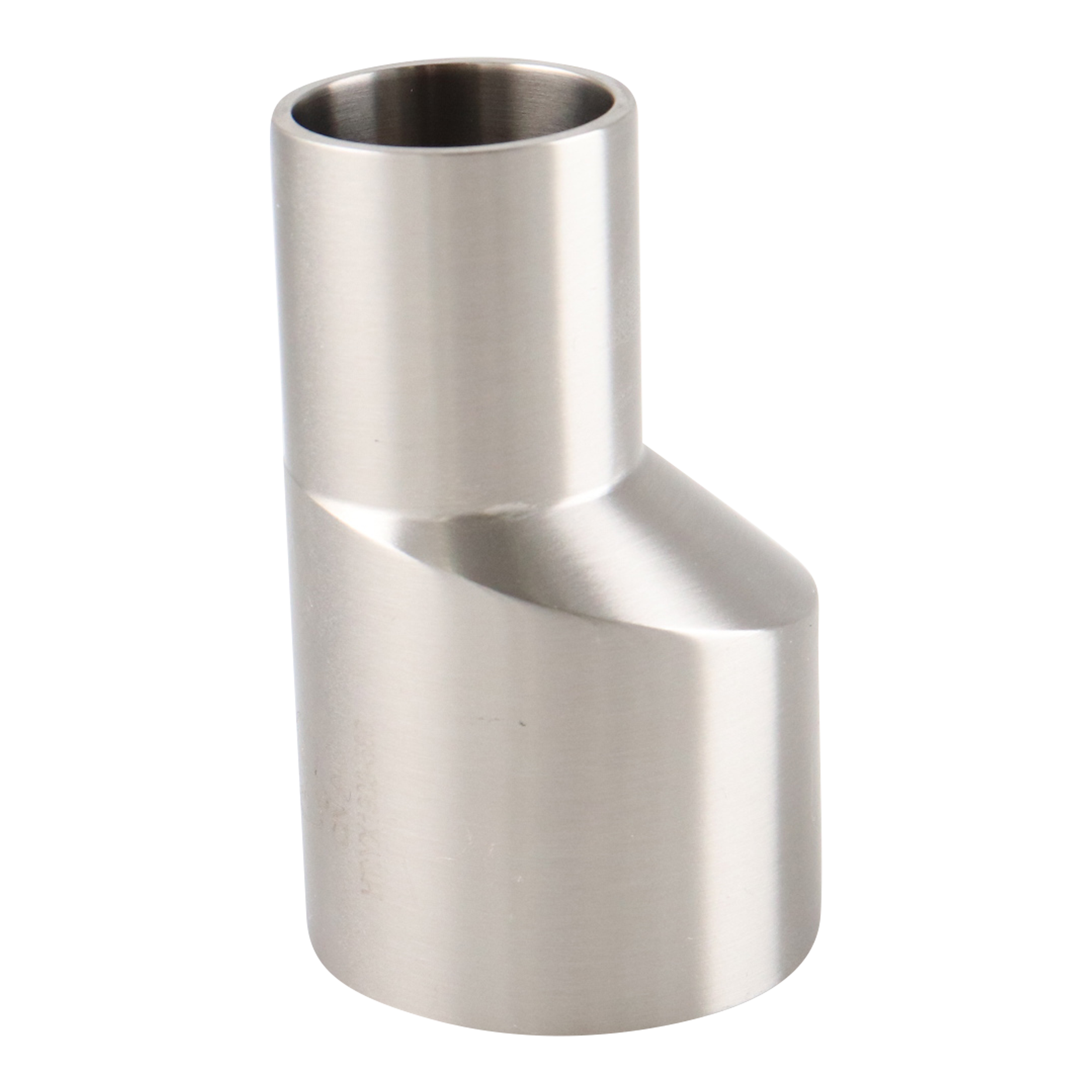 eccentric reducer, 1.5-inch x 1-inch butt-weld, made from 316L stainless steel, with 2.5-inch overall length, 20RA interior, and 32RA exterior surface finish, SF1 BPE compliant