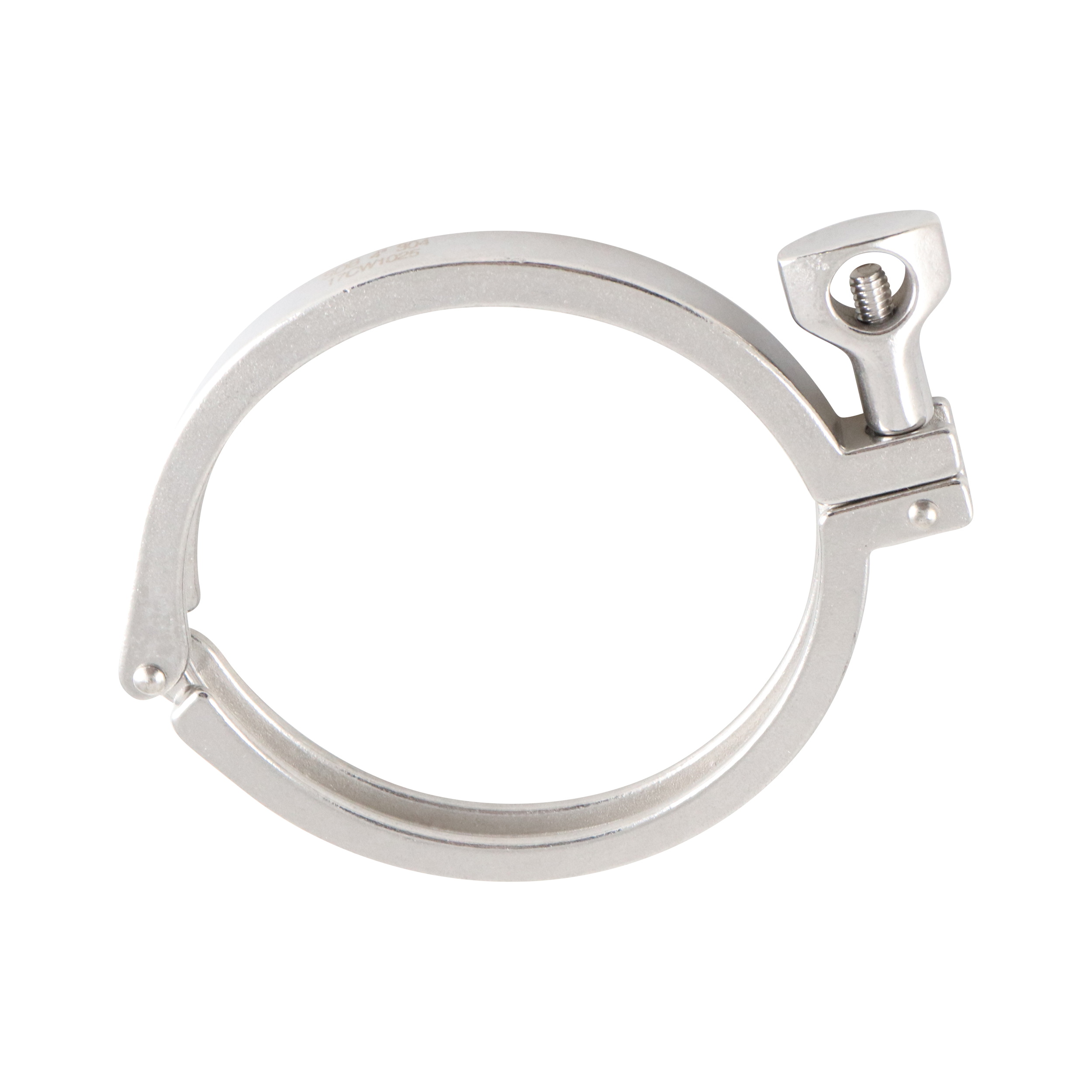 Clamp, 4-inch schedule 5 tri-clamp, single pin design, made of 304 stainless steel.