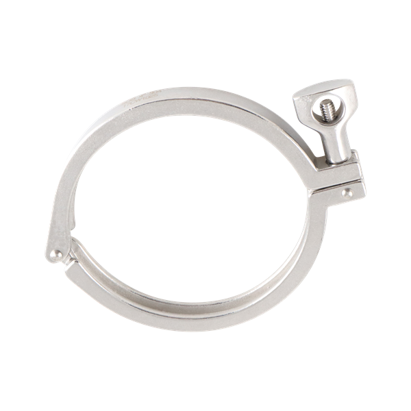 Clamp, 4-inch schedule 5 tri-clamp, single pin design, made of 304 stainless steel.