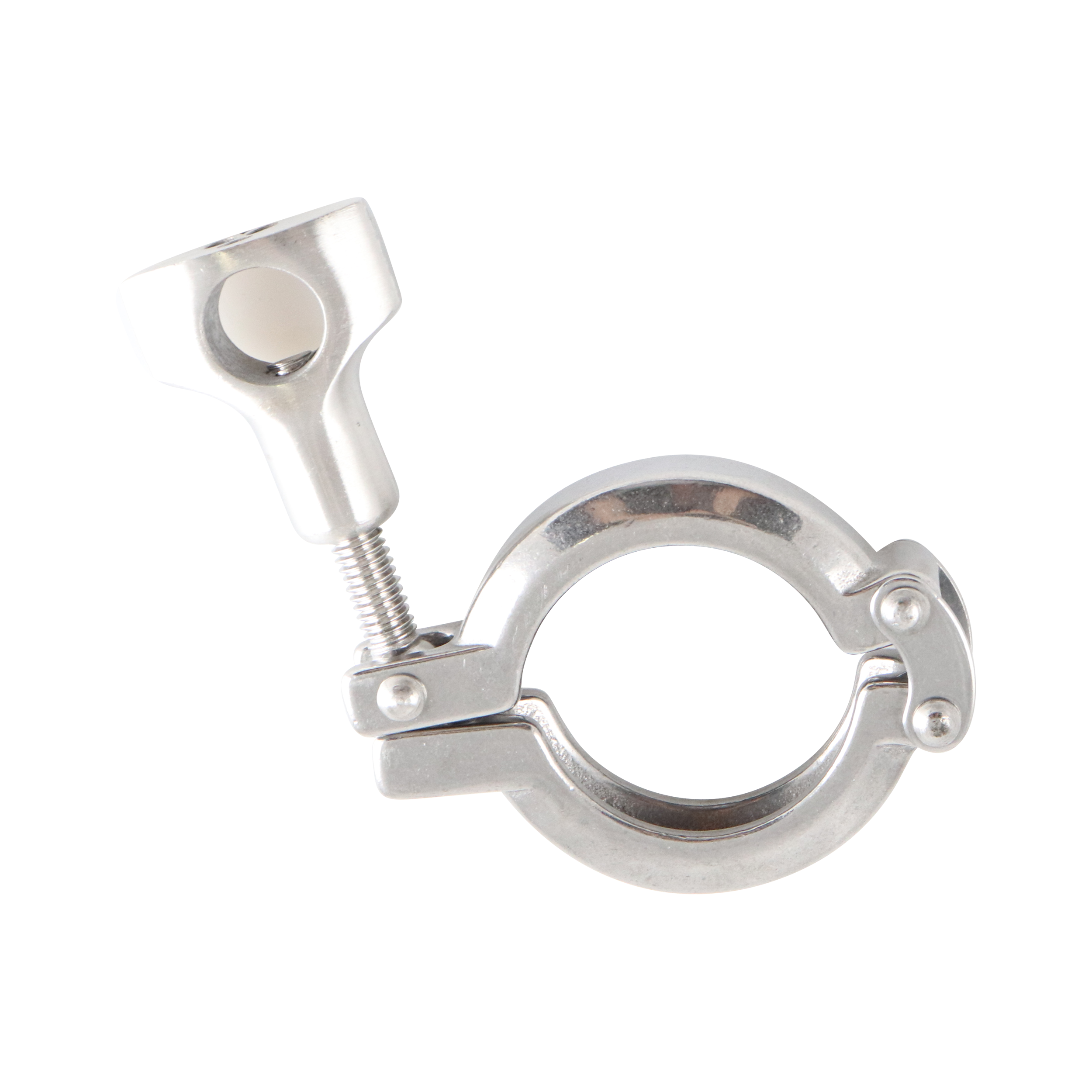 Heavy-duty two-piece clamp with double pin design, compatible with 1-inch and 1.5-inch Tri-Clamp connections, DN25, DN32, DN40 DIN 32676 standard, made from 304 stainless steel.