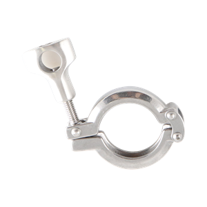 Heavy-duty two-piece clamp with double pin design, compatible with 1-inch and 1.5-inch Tri-Clamp connections, DN25, DN32, DN40 DIN 32676 standard, made from 304 stainless steel.