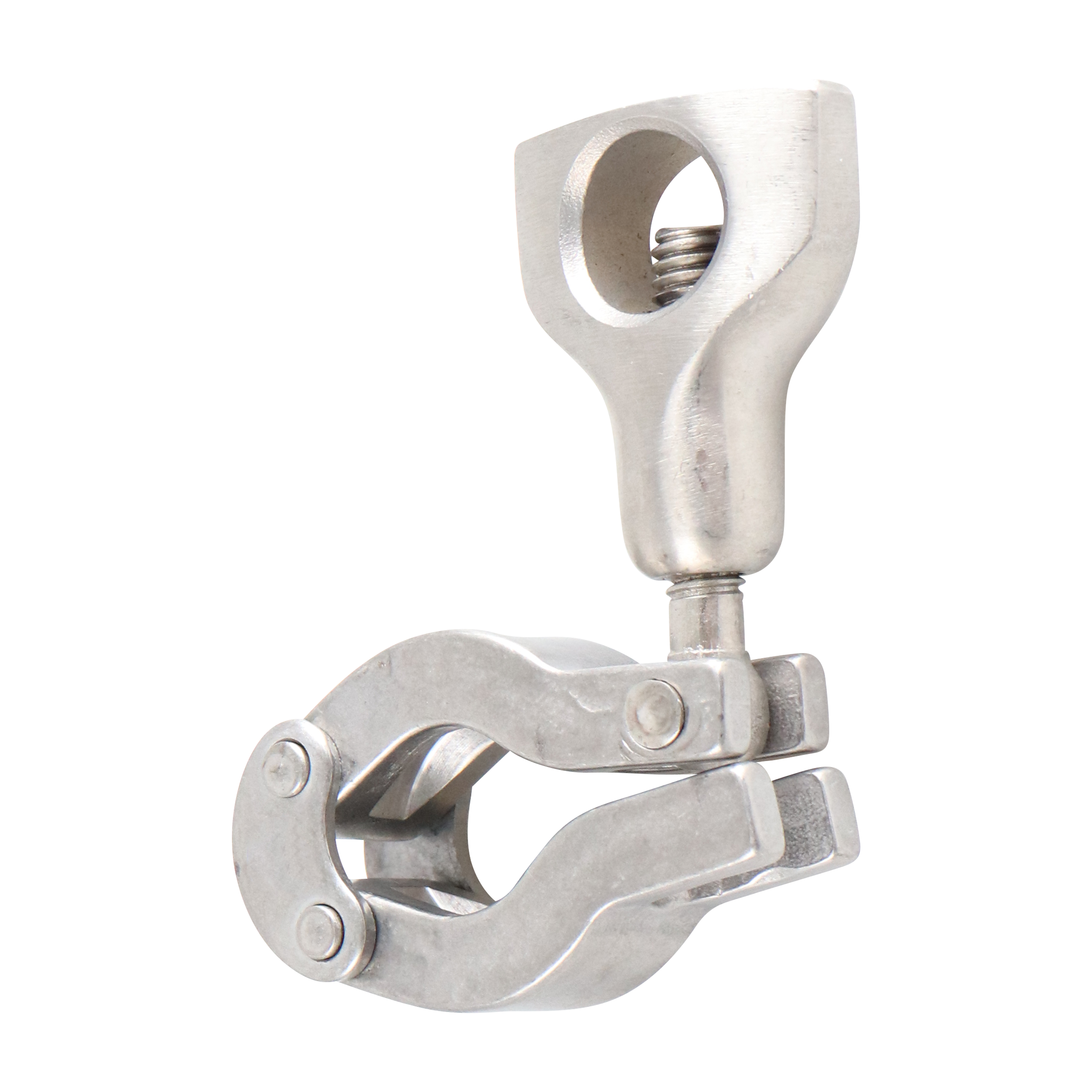 two-piece clamp, compatible with 0.5-inch and 0.75-inch Tri-Clamp connections, DN10, DN15, DN20, with double pin and wing nut, made from 304 stainless steel
