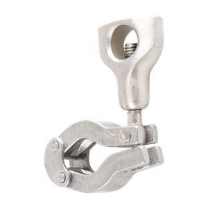 two-piece clamp, compatible with 0.5-inch and 0.75-inch Tri-Clamp connections, DN10, DN15, DN20, with double pin and wing nut, made from 304 stainless steel