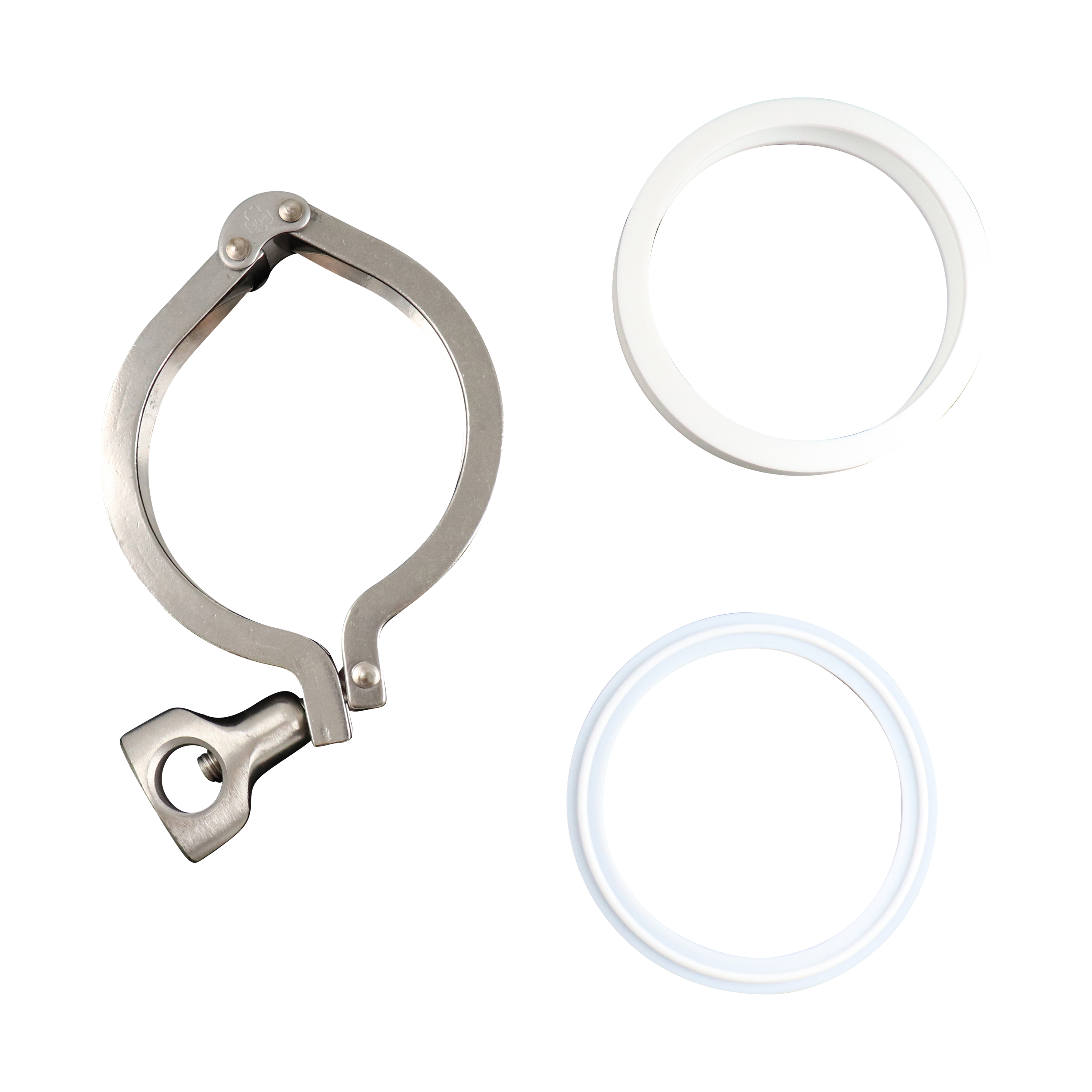 Swivel clamp with Teflon lining, compatible with 1-inch and 1.5-inch tri-clamp connections, made from 304 stainless steel.
