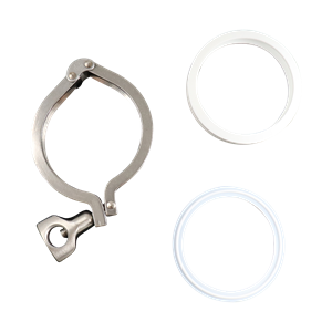 Swivel clamp with Teflon lining, compatible with 1-inch and 1.5-inch tri-clamp connections, made from 304 stainless steel.

