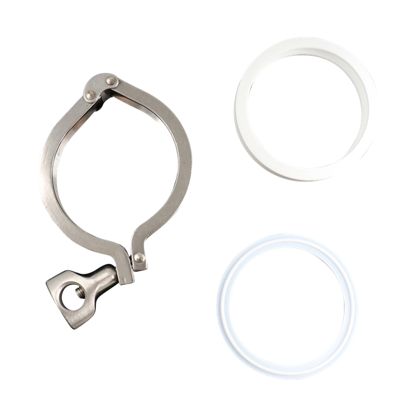 Swivel clamp with Teflon lining, compatible with 1-inch and 1.5-inch tri-clamp connections, made from 304 stainless steel.
