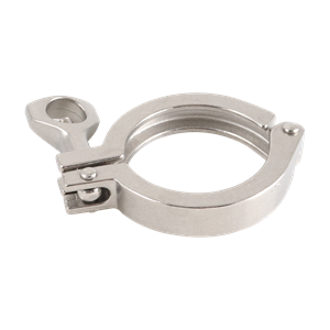Heavy two-piece clamp for 2-inch tri-clamp connection, with a single pin, made from 316 stainless steel.