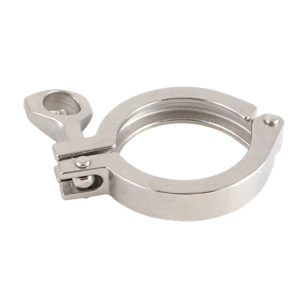 Heavy two-piece clamp for 2-inch tri-clamp connection, with a single pin, made from 316 stainless steel.