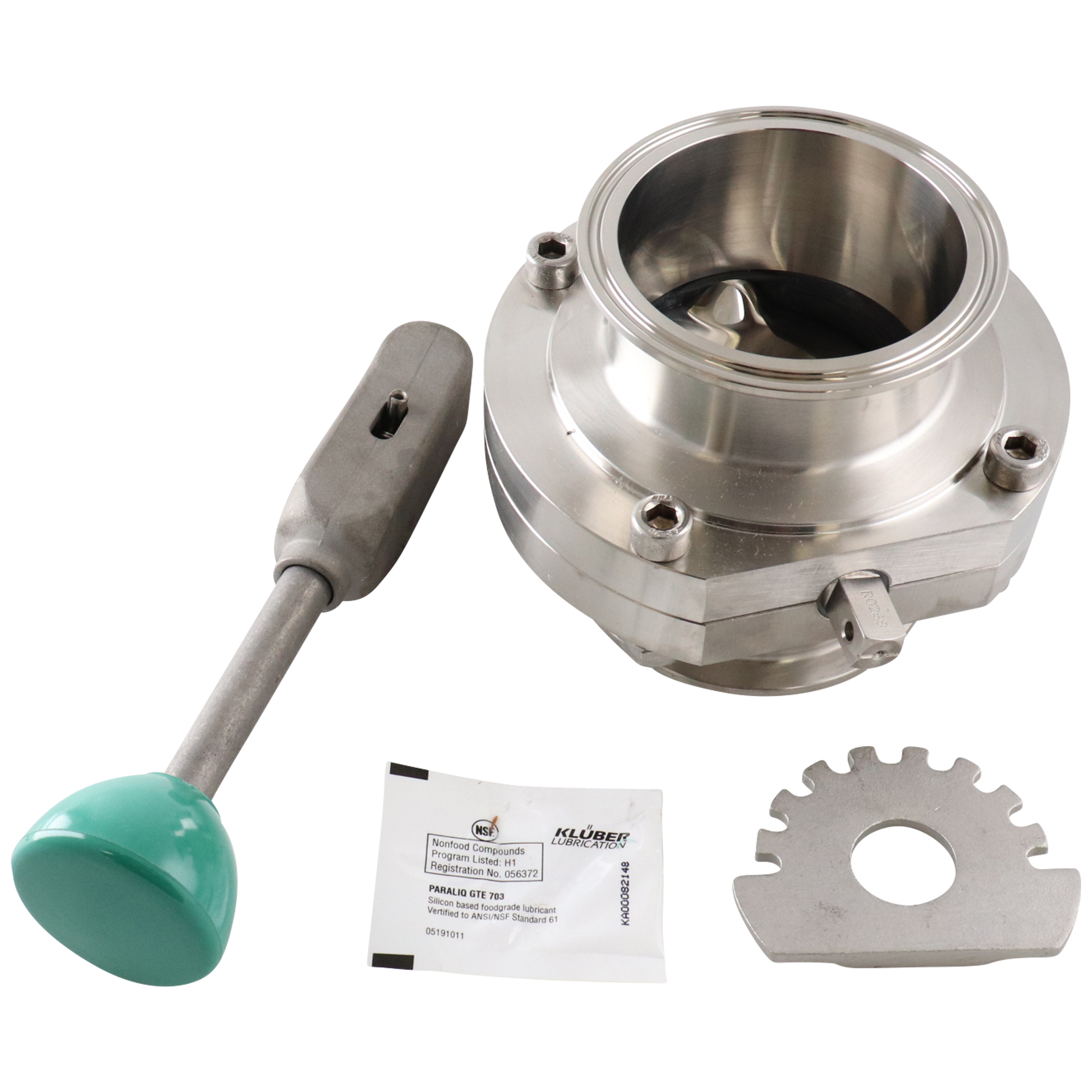Butterfly valve: 3-inch tri-clamp, 316L stainless steel, EPDM seat, green handle.