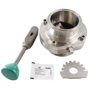 Butterfly valve: 3-inch tri-clamp, 316L stainless steel, EPDM seat, green handle.