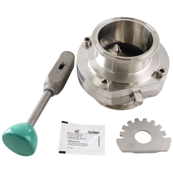 Butterfly valve: 3-inch tri-clamp, 316L stainless steel, EPDM seat, green handle.