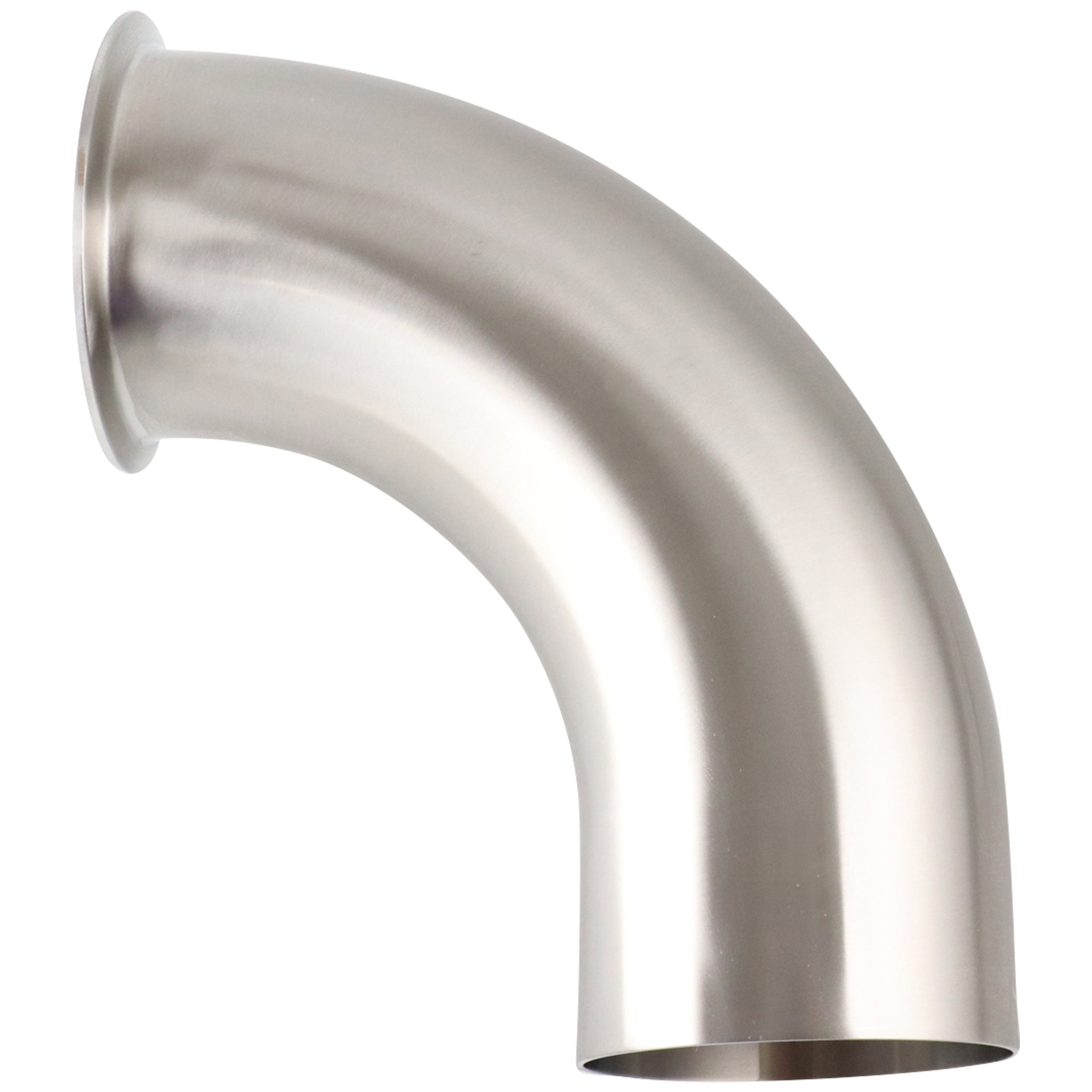 90-degree elbow, 4-inch tri-clamp to butt-weld, made from 316L stainless steel, with a 15RA EP internal finish and 32RA external finish, SF4 BPE compliant.
