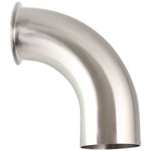 90-degree elbow, 4-inch tri-clamp to butt-weld, made from 316L stainless steel, with a 15RA EP internal finish and 32RA external finish, SF4 BPE compliant.
