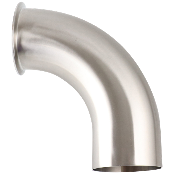 90-degree elbow, 4-inch tri-clamp to butt-weld, made from 316L stainless steel, with a 15RA EP internal finish and 32RA external finish, SF4 BPE compliant.
