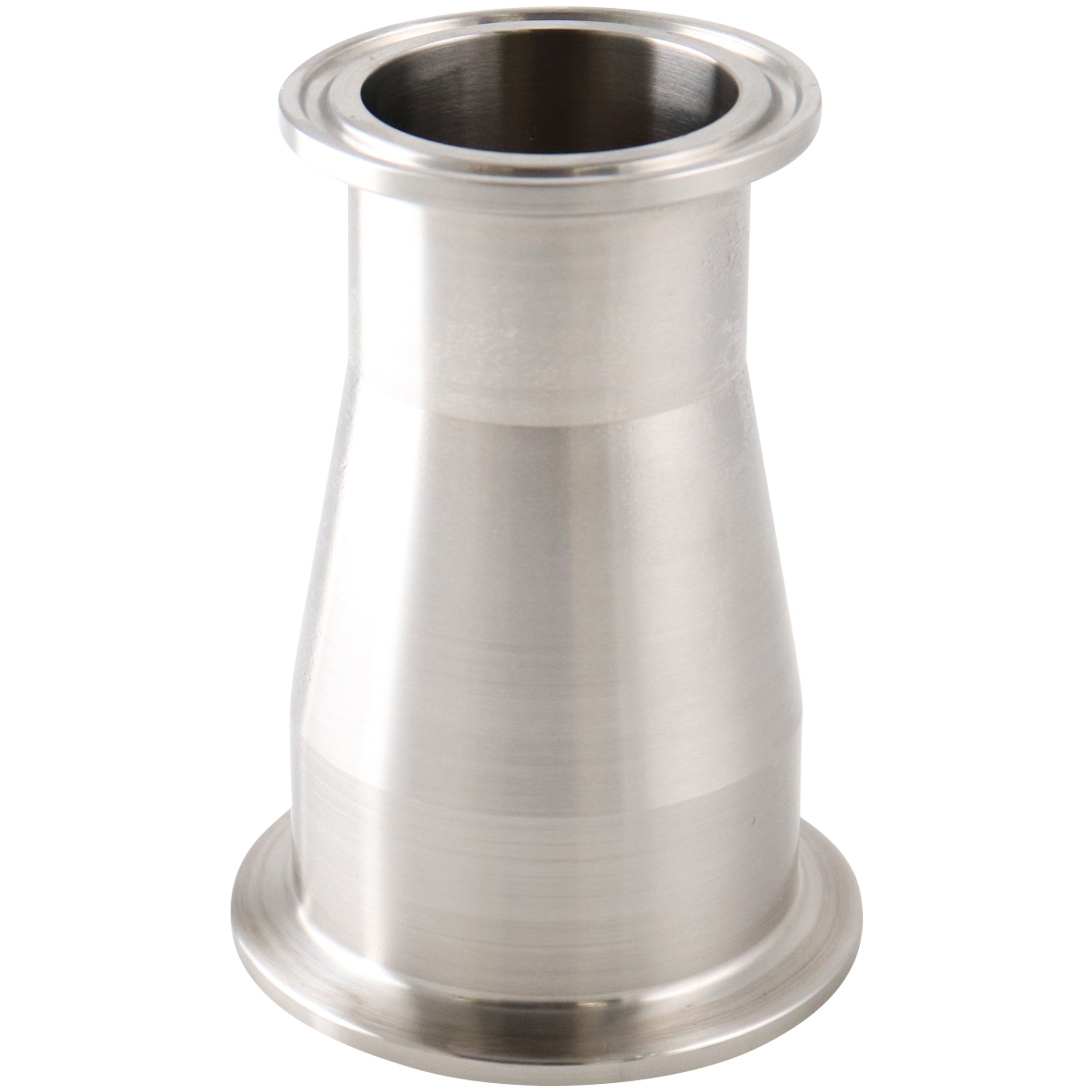 concentric reducer, 2-inch x 1.5-inch Tri-Clamp, made from 316L stainless steel, with 3.5-inch overall length, 20RA interior and 32RA exterior surface finish, SF1 BPE compliant
