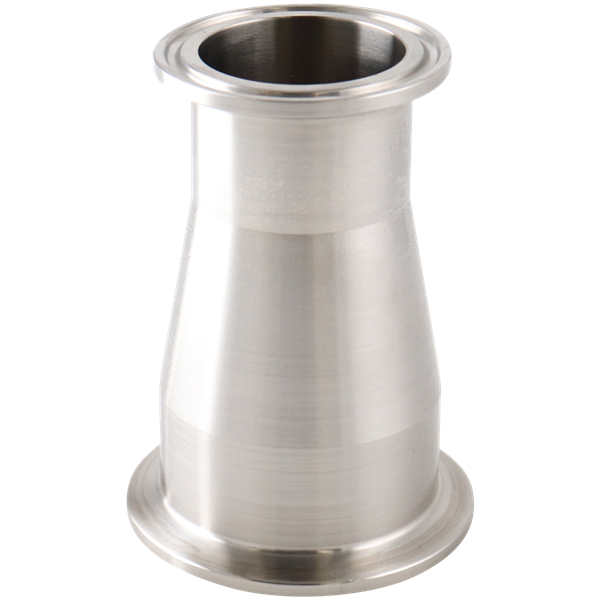 concentric reducer, 2-inch x 1.5-inch Tri-Clamp, made from 316L stainless steel, with 3.5-inch overall length, 20RA interior and 32RA exterior surface finish, SF1 BPE compliant