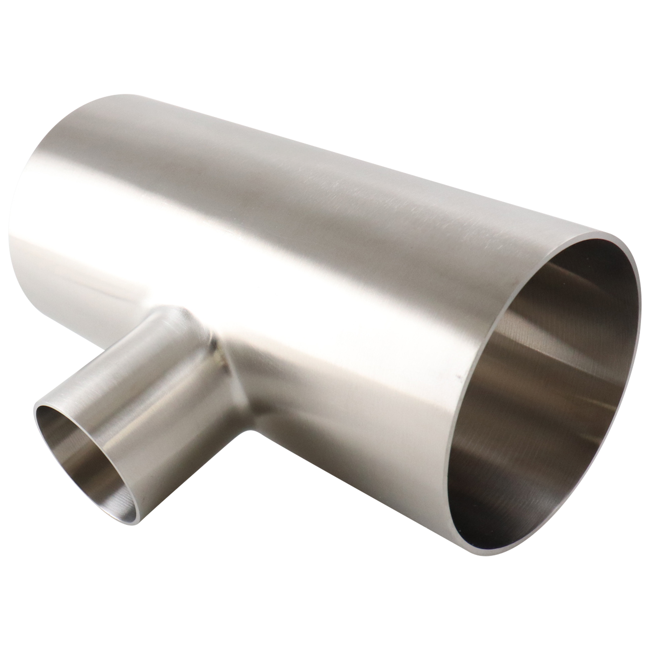 Reducing tee with 4-inch by 2.5-inch butt weld connections, constructed from 304 stainless steel, with a 32RA internal and outer surface finish.