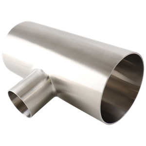 Reducing tee with 4-inch by 2.5-inch butt weld connections, constructed from 304 stainless steel, with a 32RA internal and outer surface finish.