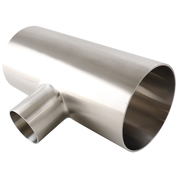 Reducing tee with 4-inch by 2.5-inch butt weld connections, constructed from 304 stainless steel, with a 32RA internal and outer surface finish.