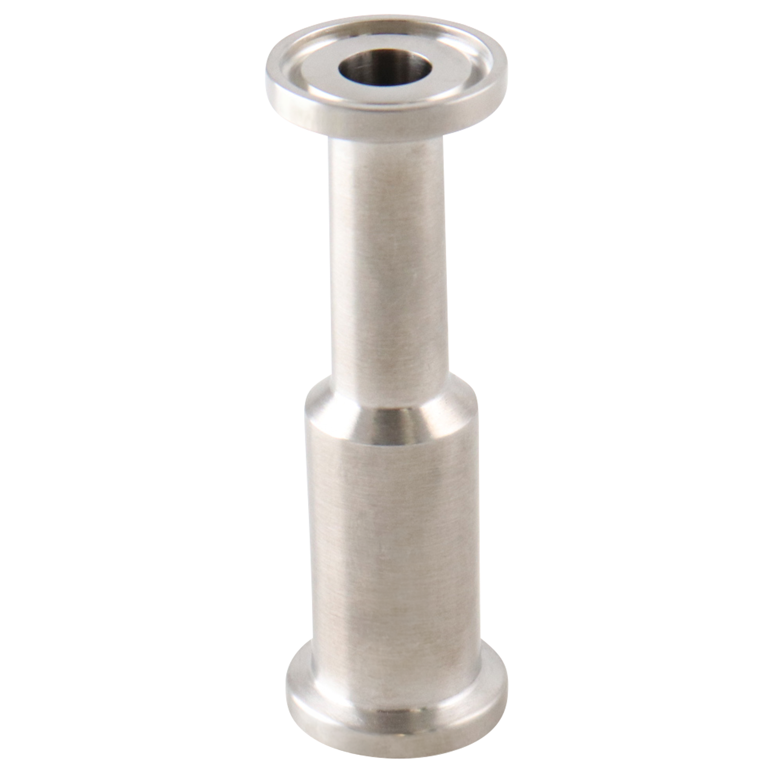 Concentric reducer with dimensions 0.75 inches x 0.5 inches, tri-clamp connection, made from 316L stainless steel, 3.125-inch overall length, 20RA internal finish and 32RA outer finish, SF1 BPE compliant.