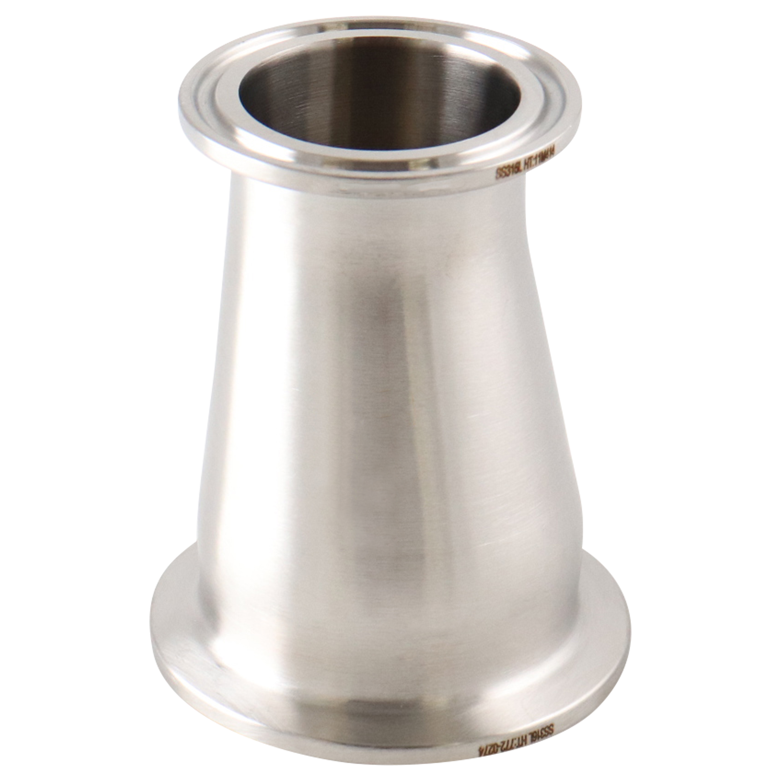 Eccentric reducer, 2-inch to 1.5-inch tri-clamp, 316L stainless steel, 3-inch overall length, 32RA internal and outer finish.
