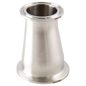 Eccentric reducer, 2-inch to 1.5-inch tri-clamp, 316L stainless steel, 3-inch overall length, 32RA internal and outer finish.