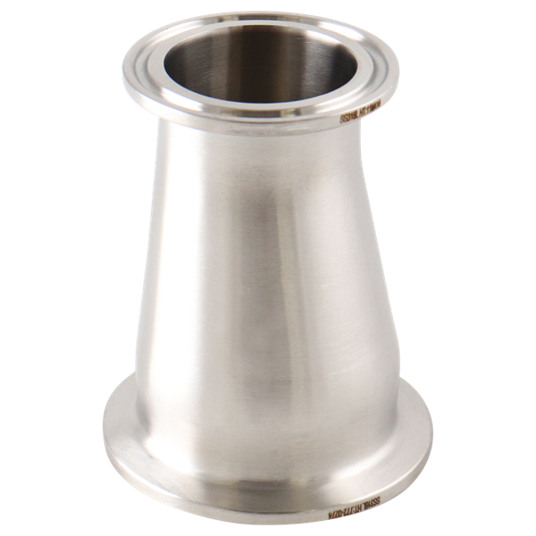Eccentric reducer, 2-inch to 1.5-inch tri-clamp, 316L stainless steel, 3-inch overall length, 32RA internal and outer finish.